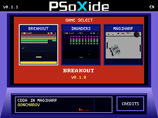 PSoXide Arcade selector with Space Invaders, Breakout and Credits and Links