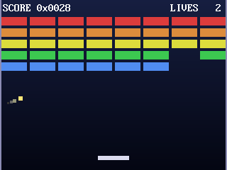 Breakout with coloured bricks, a paddle and a bouncing ball