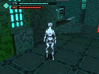 Cortex Ignition: Aletha standing in a dim industrial room, health and stamina bars at the top left