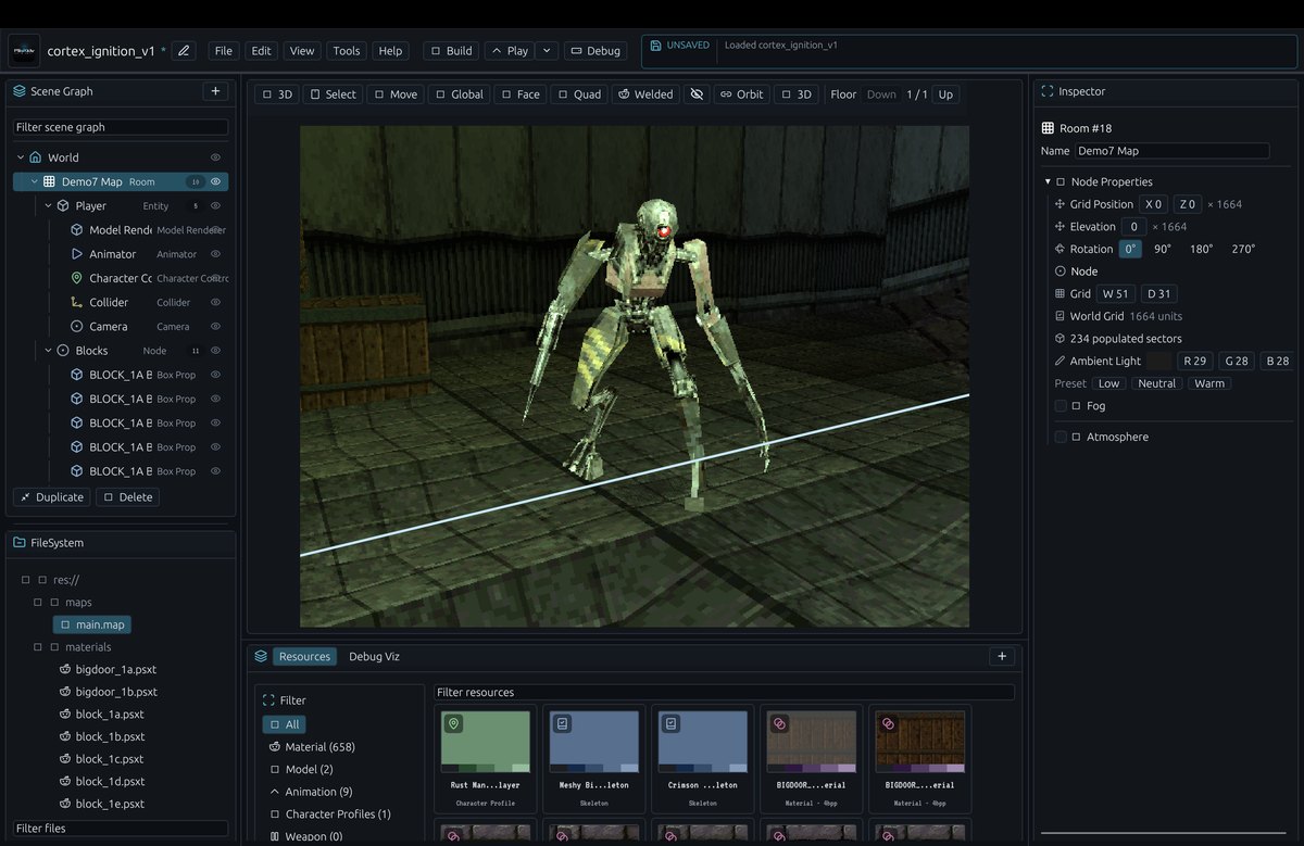 The PSoXide editor with a character model in the 3D viewport