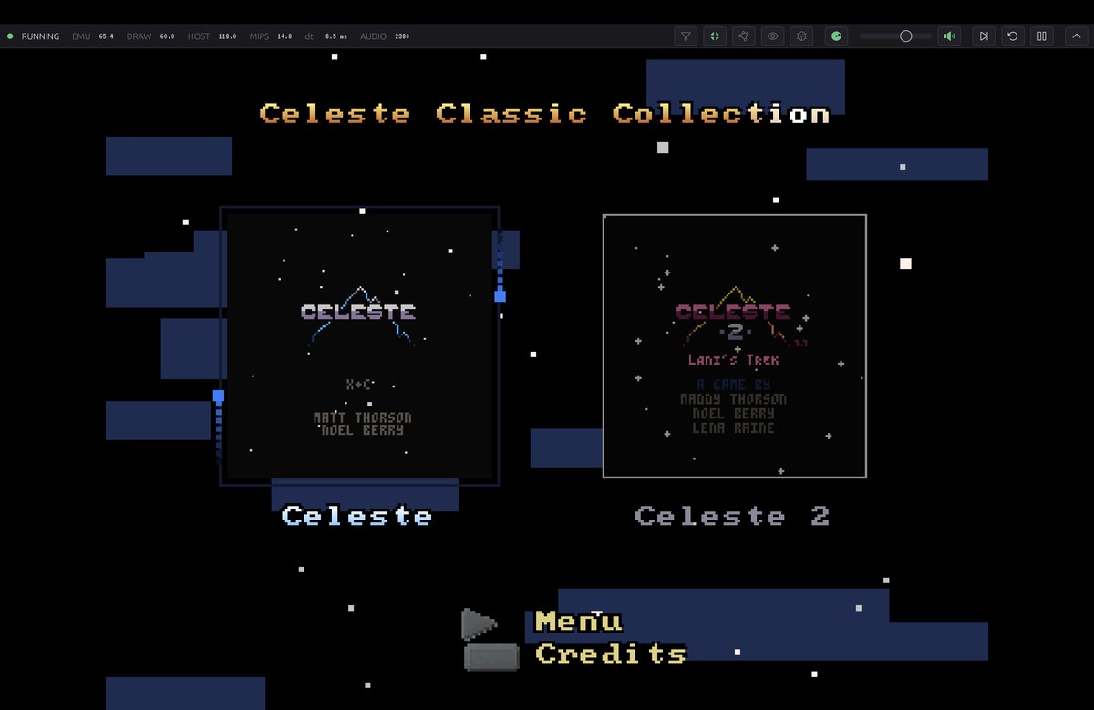 The PSoXide emulator running the Celeste Classic Collection menu