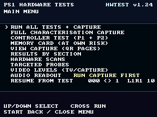 PS1 Hardware Tests v1.24 menu with test, controller and QR capture options