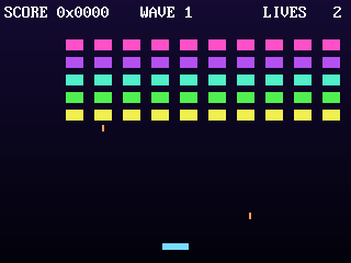 Space Invaders with rows of coloured aliens above the player ship
