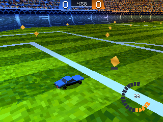NitroXide: a blue car on a green pitch in a night-time stadium