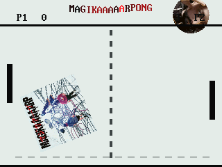 Magikaaaaarp Pong with two paddles, a centre line and the band's artwork