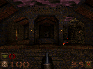 Quake on PS1: the Start map facing the QUAKE archway, shotgun and status bar showing 100 health and 25 shells
