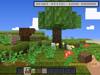 VoXide: trees, flowers and grass under a blue sky, health and hotbar at the bottom